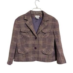 Worthington Plaid Tweed Cropped Blazer Size 14 Purple Beige Pockets Office Fall